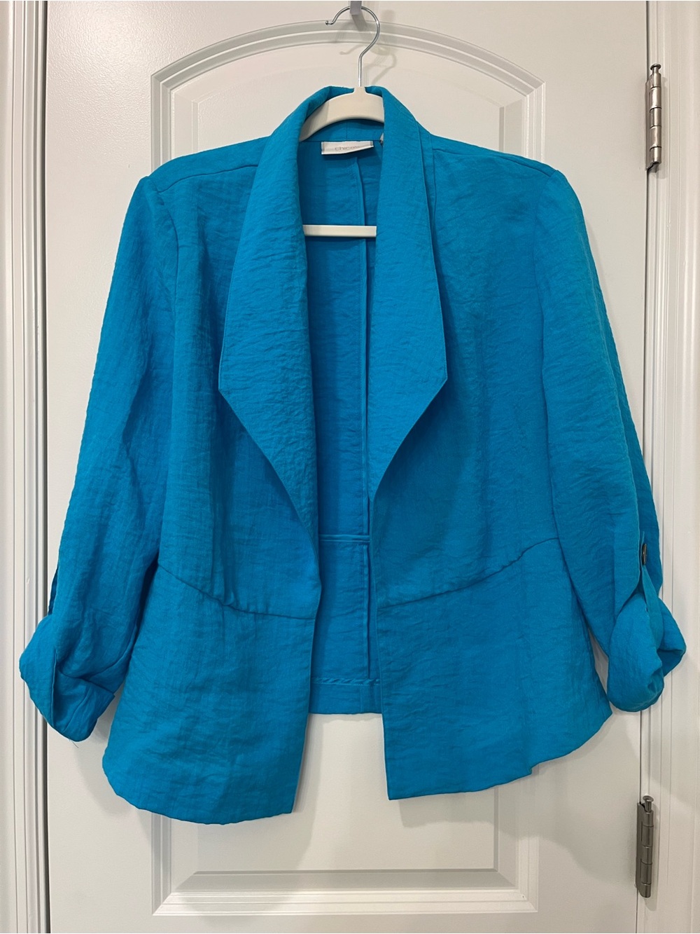 Chicos Open Front Long Roll Tab Sleeves Vibrant Blue Chic Lightweight Sz 1 MED